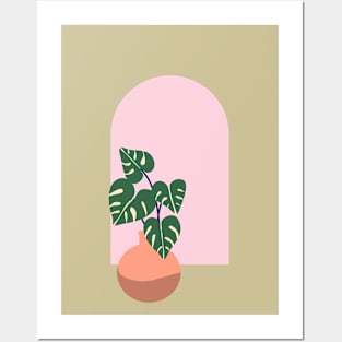 Monstera plant and arched window - matcha green Posters and Art